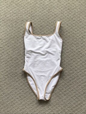 Girls' White One-Piece Swimsuit with Tan Trim 0547